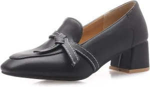 MIOKE Women's Square Toe Pump Loafers Slip-On Chunky Mid Block Heel Classic Western Work Office Dress Shoes