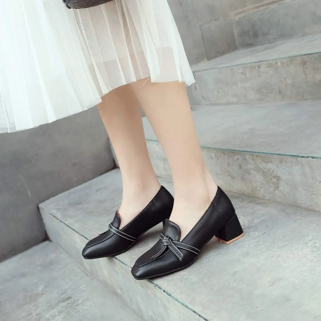 MIOKE Women's Square Toe Pump Loafers Slip-On Chunky Mid Block Heel Classic Western Work Office Dress Shoes