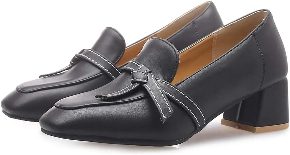 MIOKE Women's Square Toe Pump Loafers Slip-On Chunky Mid Block Heel Classic Western Work Office Dress Shoes
