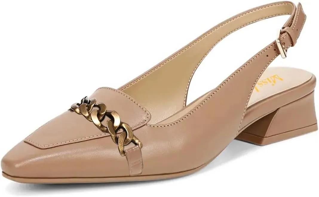 miss left Women's Closed Square Toe Slingback Pumps Metal Chains Low Chunky Heel Strap Buckle Loafers Fashion Event Dress Shoes Size 4-16 US