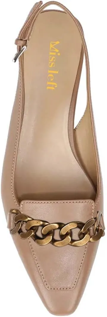 miss left Women's Closed Square Toe Slingback Pumps Metal Chains Low Chunky Heel Strap Buckle Loafers Fashion Event Dress Shoes Size 4-16 US