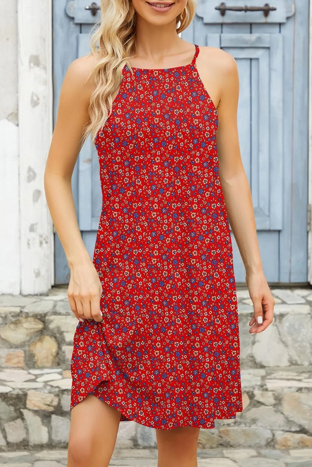 MITILLY Women's Halter Neck Boho Floral Print Loose Casual Sleeveless Short Dress