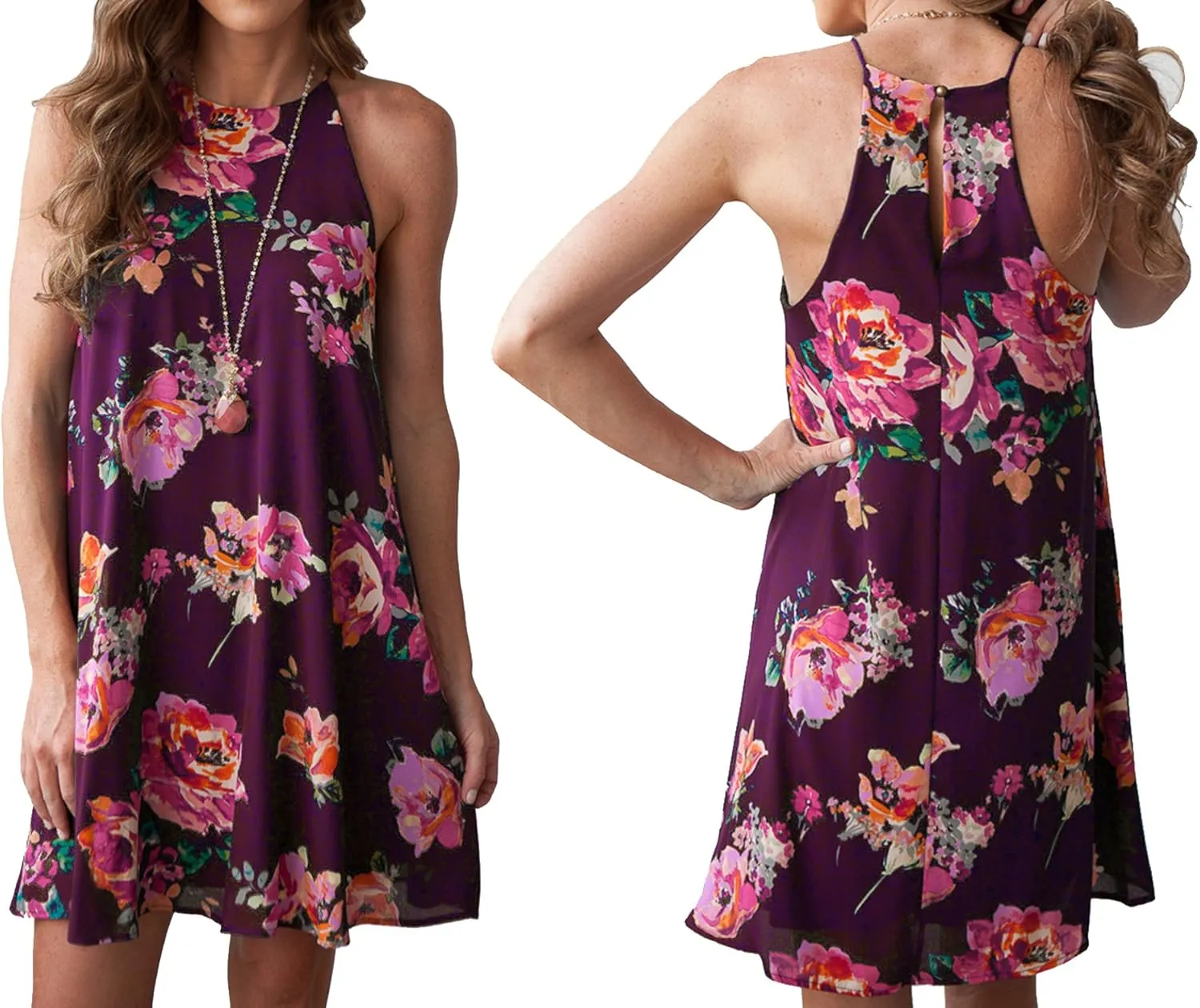 MITILLY Women's Halter Neck Boho Floral Print Loose Casual Sleeveless Short Dress