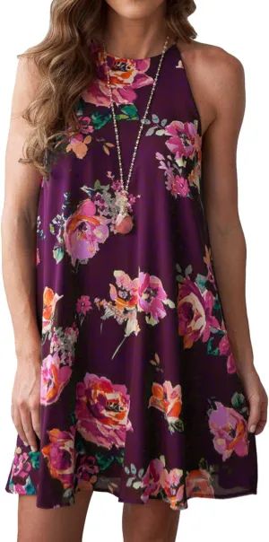 MITILLY Women's Halter Neck Boho Floral Print Loose Casual Sleeveless Short Dress
