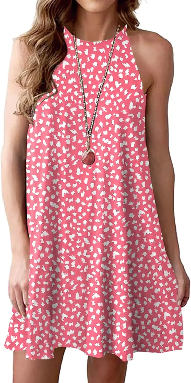 MITILLY Women's Halter Neck Boho Floral Print Loose Casual Sleeveless Short Dress