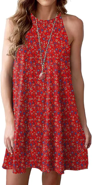 MITILLY Women's Halter Neck Boho Floral Print Loose Casual Sleeveless Short Dress
