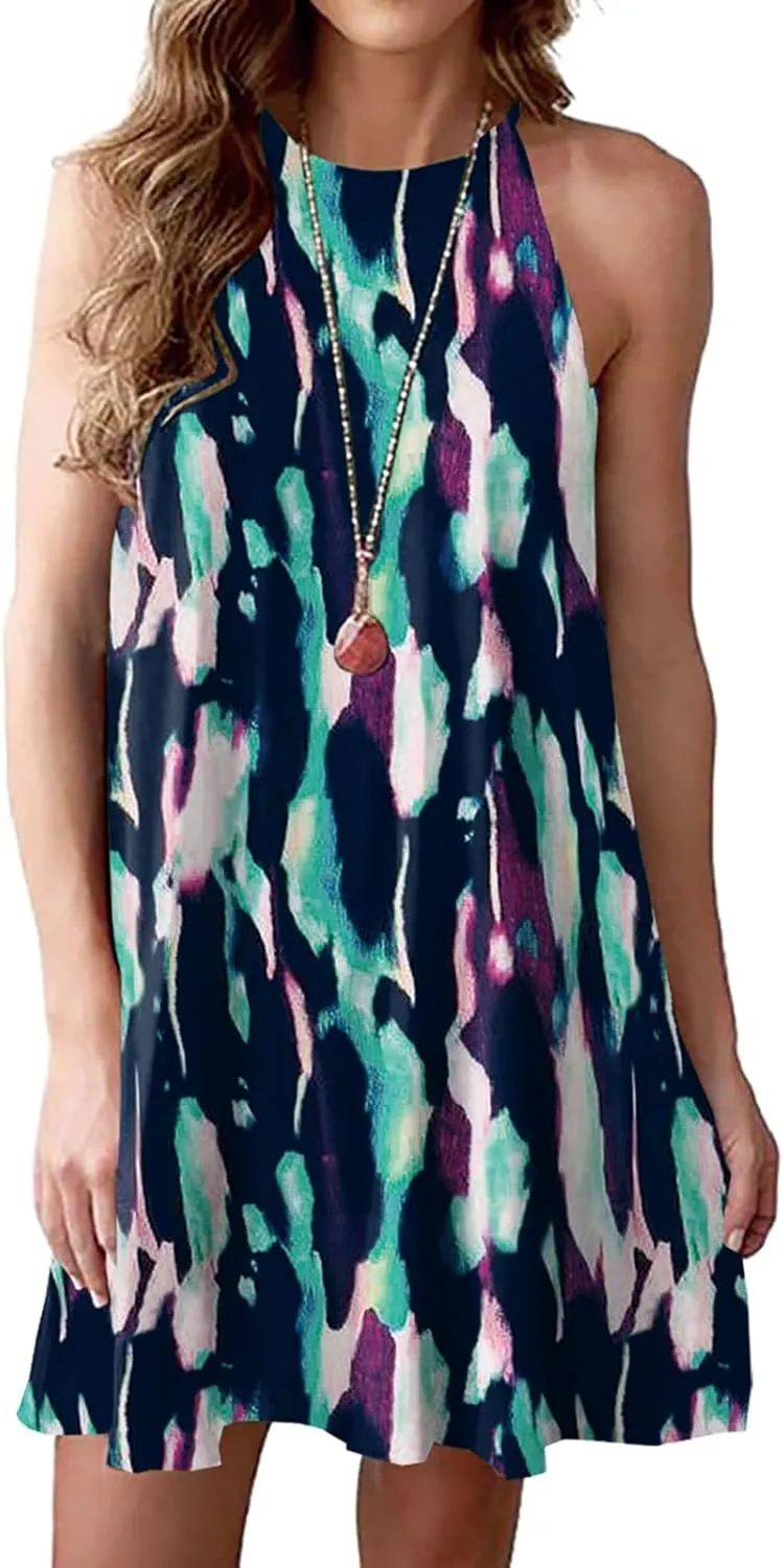 MITILLY Women's Halter Neck Boho Floral Print Loose Casual Sleeveless Short Dress