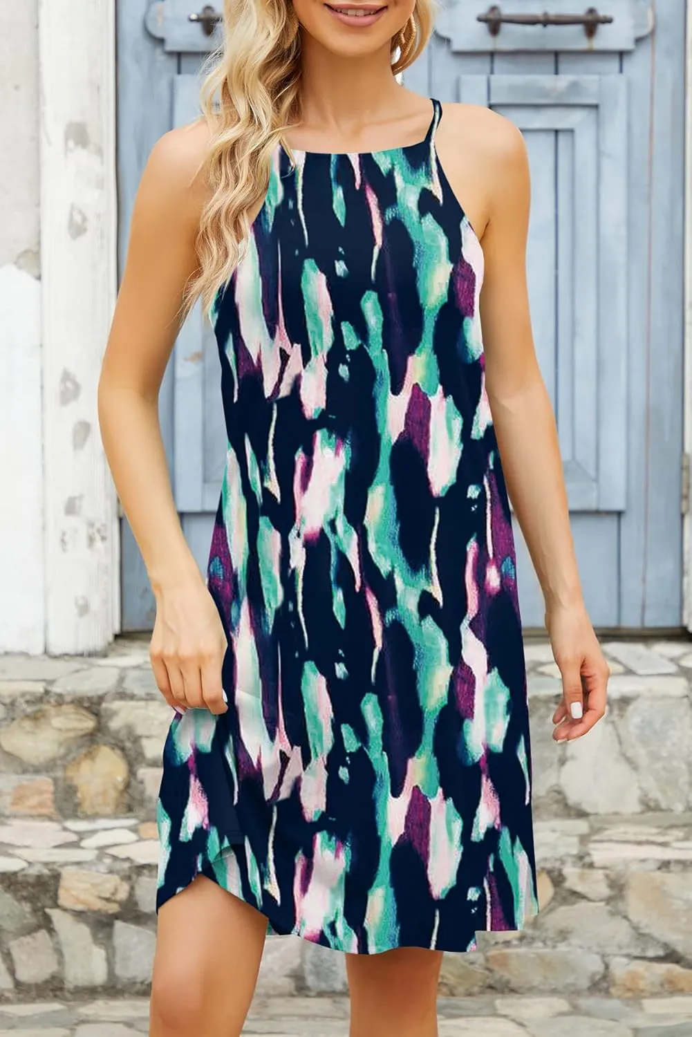 MITILLY Women's Halter Neck Boho Floral Print Loose Casual Sleeveless Short Dress