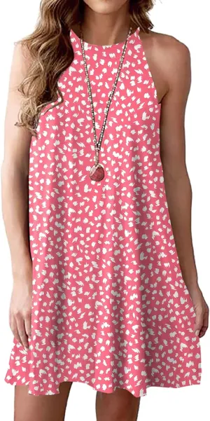 MITILLY Women's Halter Neck Boho Floral Print Loose Casual Sleeveless Short Dress