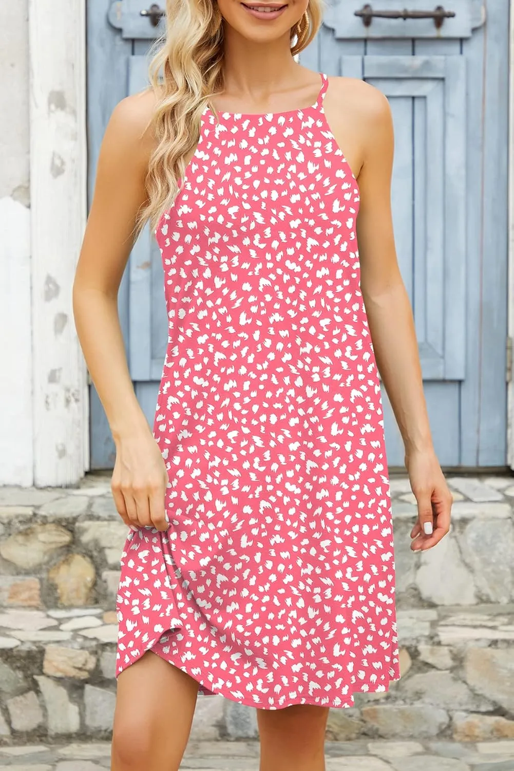 MITILLY Women's Halter Neck Boho Floral Print Loose Casual Sleeveless Short Dress