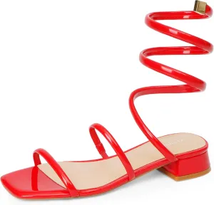Modatope Two Strap Square Open Toe Strappy Sandals Low Block Heels Spiral Ankle Warp Strap Gladiator Sandals