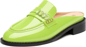 MODENCOCO Mules for Women Low Chunky Heel Slide Mules Closed Round Toe Flats Slip-on Comfort Backless Loafers Mules Patent Fashion Dress Shoes