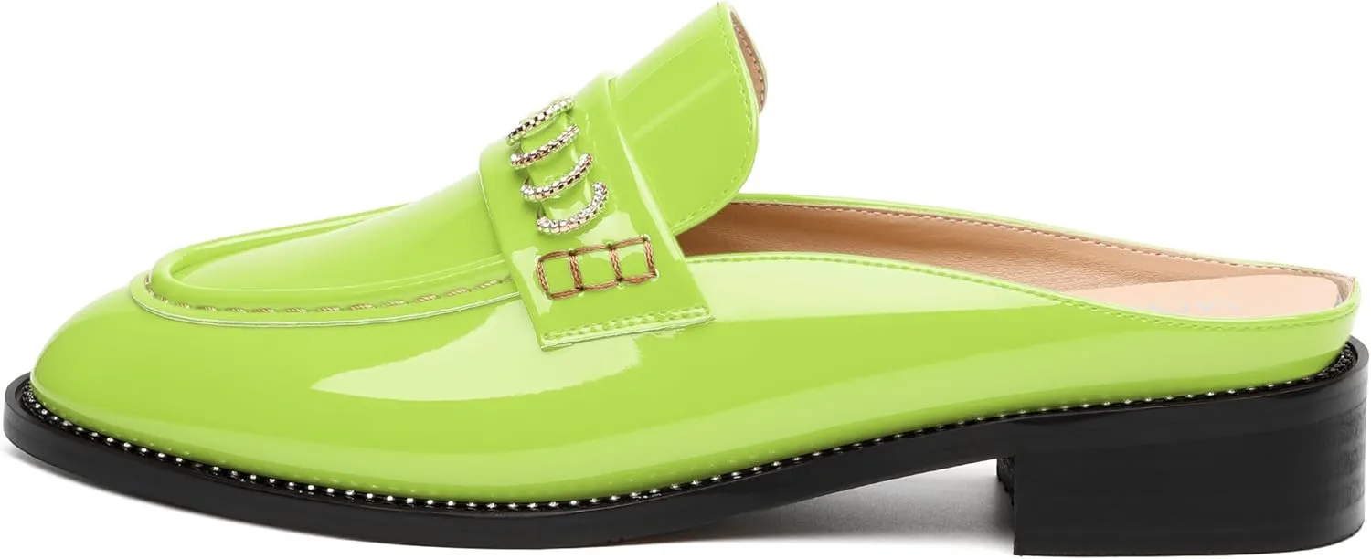 MODENCOCO Mules for Women Low Chunky Heel Slide Mules Closed Round Toe Flats Slip-on Comfort Backless Loafers Mules Patent Fashion Dress Shoes