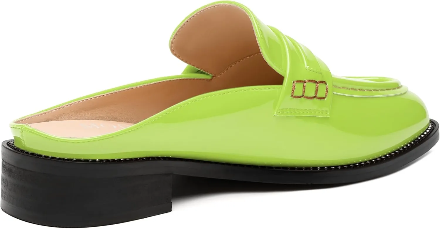 MODENCOCO Mules for Women Low Chunky Heel Slide Mules Closed Round Toe Flats Slip-on Comfort Backless Loafers Mules Patent Fashion Dress Shoes