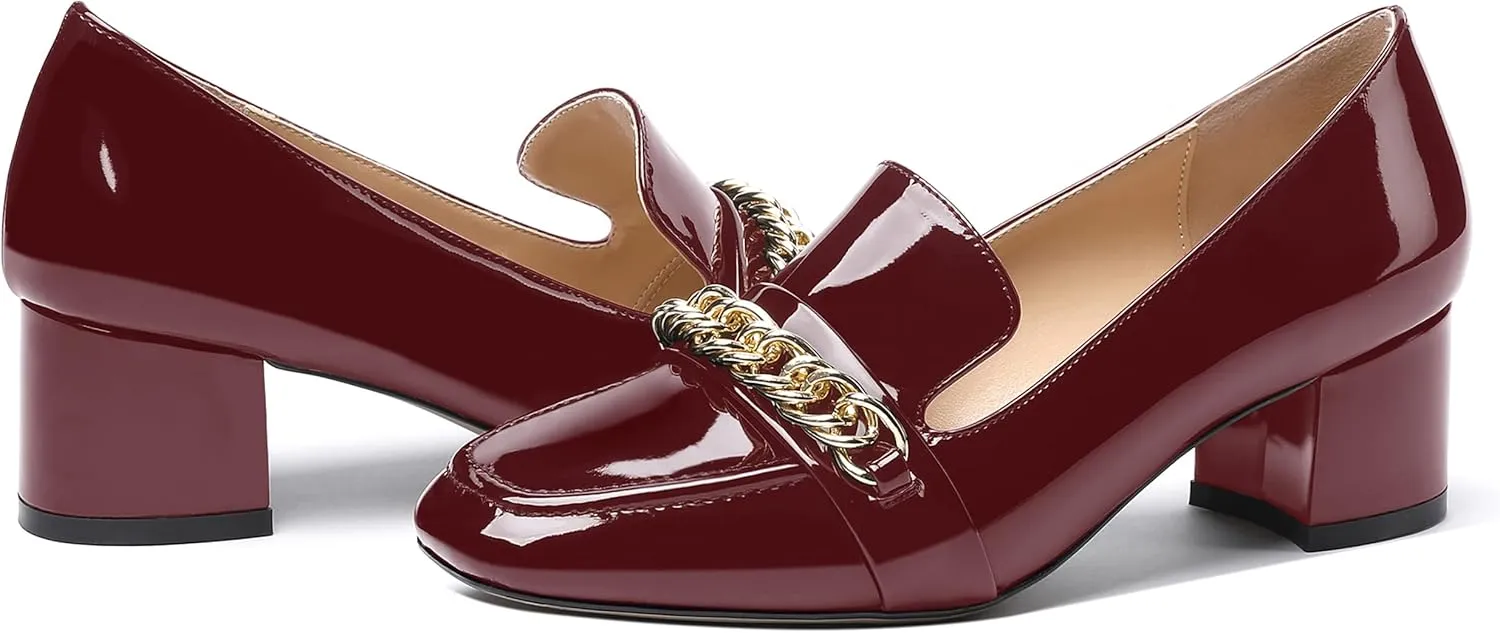 MODENCOCO Women's Patent Loafers Metal Chain Casual Business Square Toe Slip On Chunky Low Heel Pumps Shoes 2 Inch