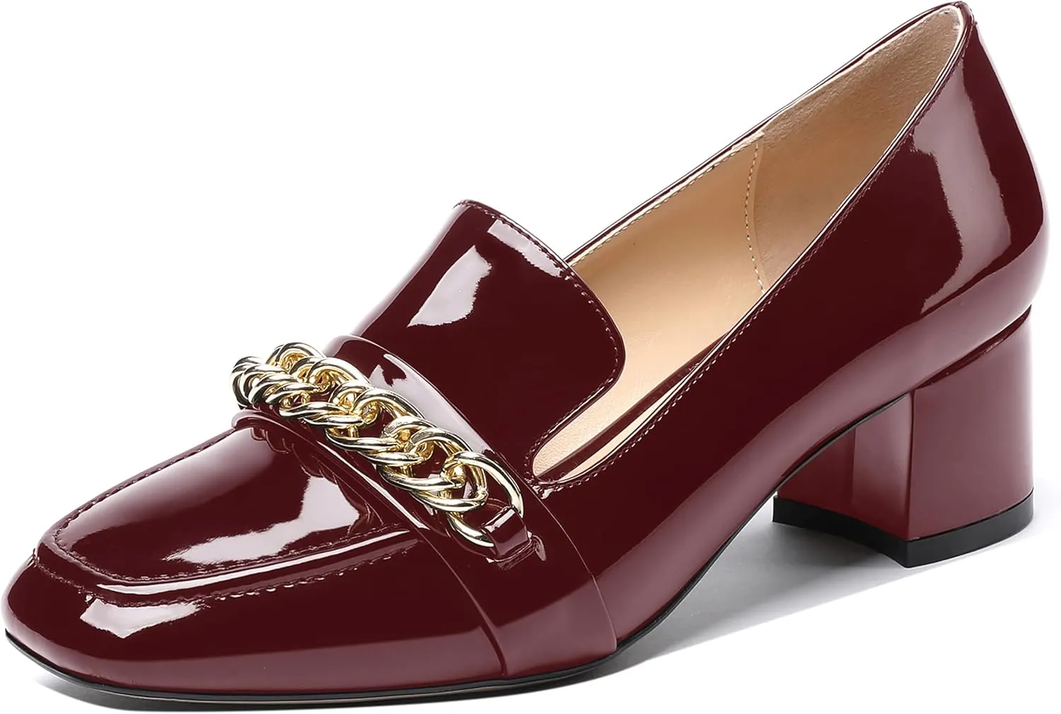 MODENCOCO Women's Patent Loafers Metal Chain Casual Business Square Toe Slip On Chunky Low Heel Pumps Shoes 2 Inch