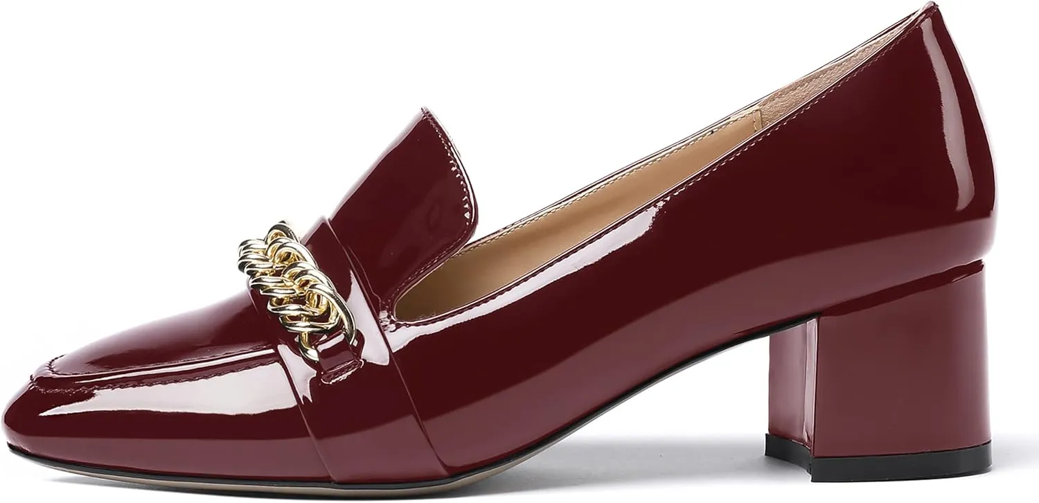 MODENCOCO Women's Patent Loafers Metal Chain Casual Business Square Toe Slip On Chunky Low Heel Pumps Shoes 2 Inch