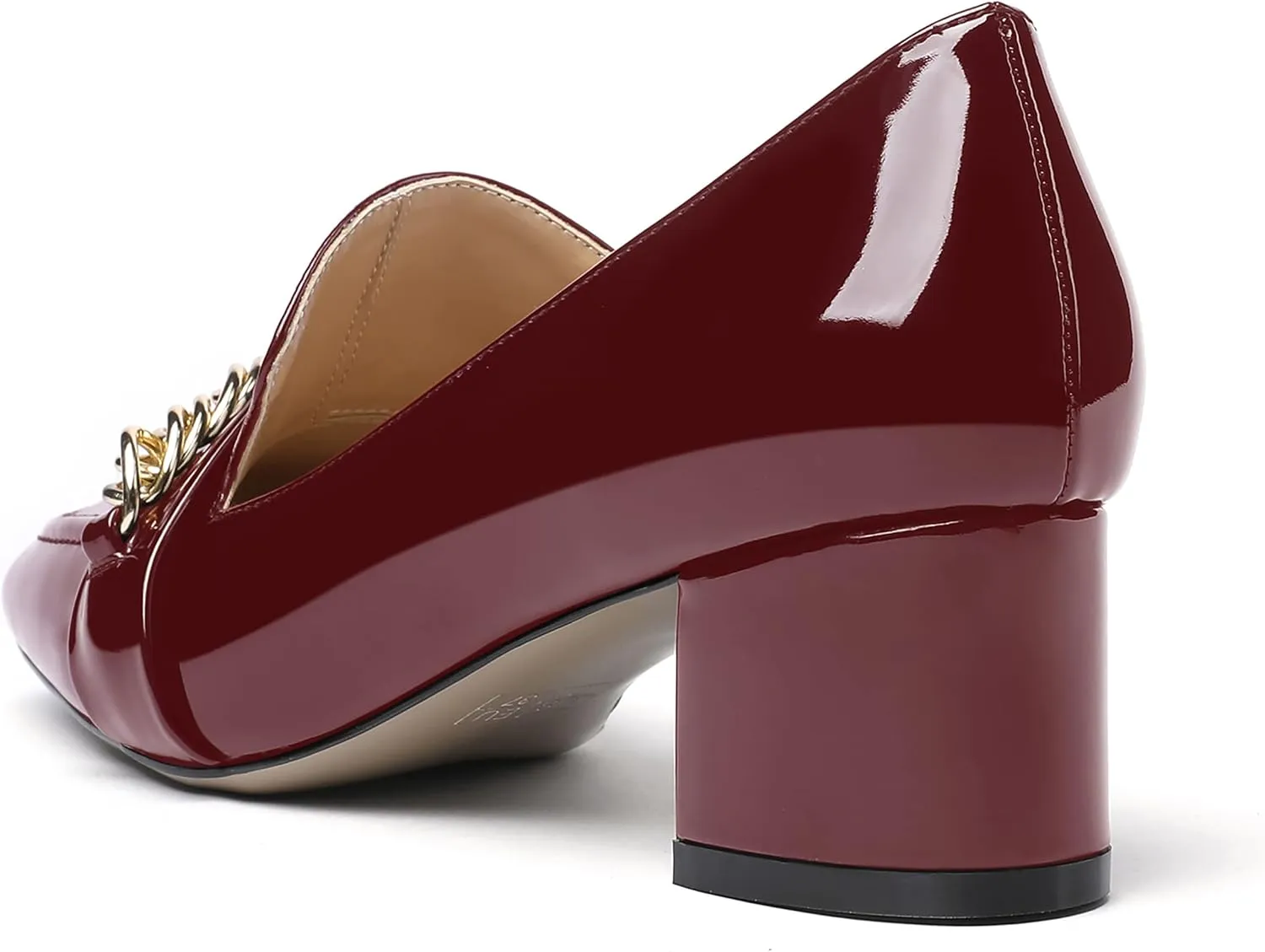 MODENCOCO Women's Patent Loafers Metal Chain Casual Business Square Toe Slip On Chunky Low Heel Pumps Shoes 2 Inch