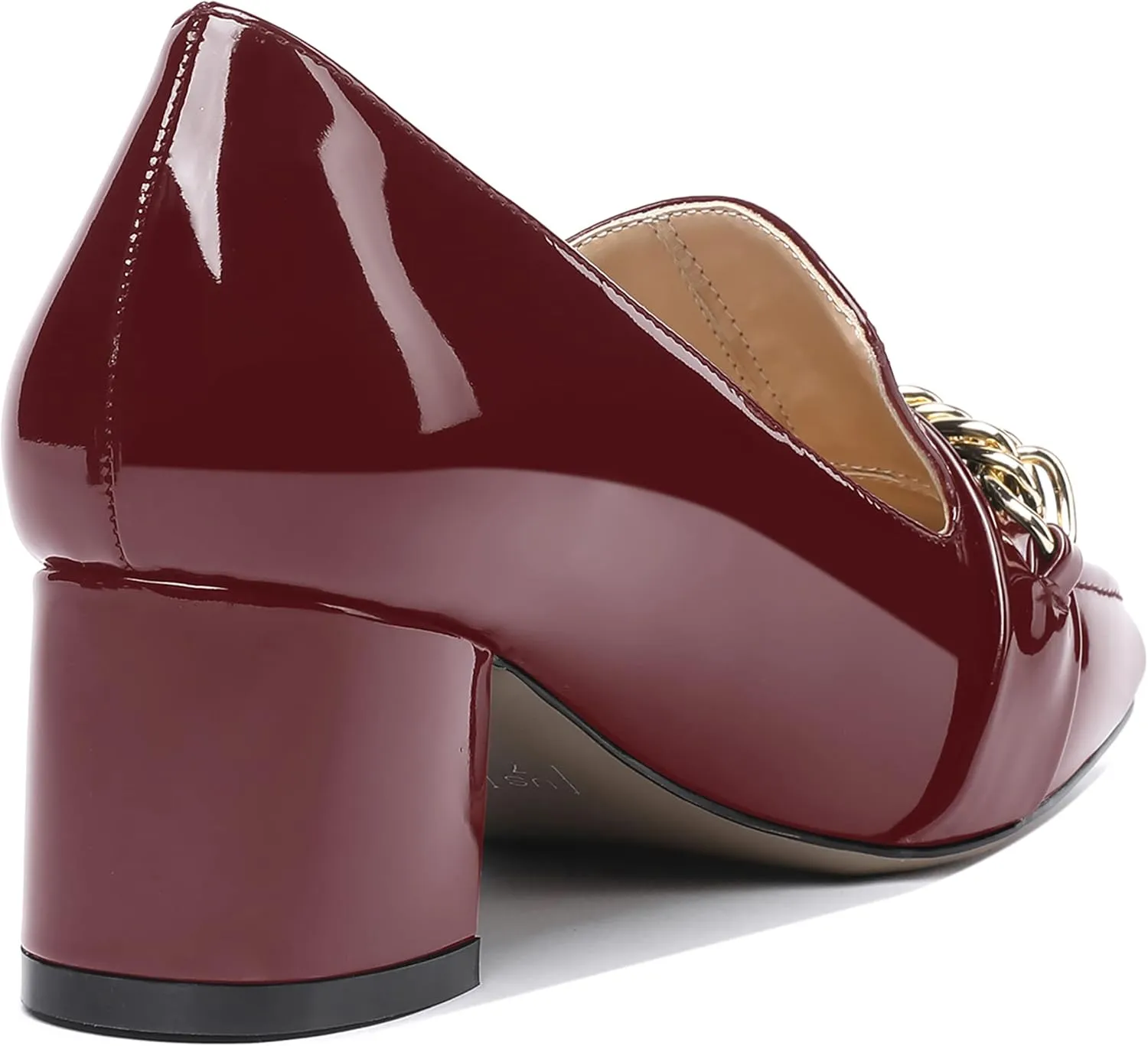 MODENCOCO Women's Patent Loafers Metal Chain Casual Business Square Toe Slip On Chunky Low Heel Pumps Shoes 2 Inch