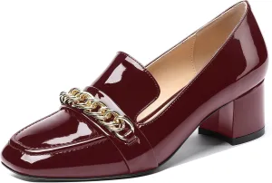 MODENCOCO Women's Patent Loafers Metal Chain Casual Business Square Toe Slip On Chunky Low Heel Pumps Shoes 2 Inch