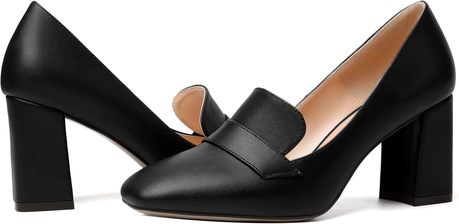 MODENCOCO Womens Sexy Formal Matte Slip On Square Toe Work Block High Heel Loafers Shoes 3.5 Inch