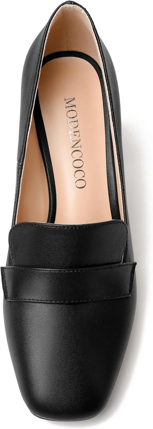 MODENCOCO Womens Sexy Formal Matte Slip On Square Toe Work Block High Heel Loafers Shoes 3.5 Inch
