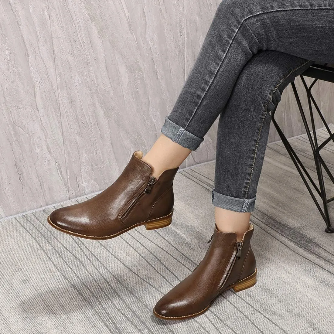 Mona flying Womens Leather Booties Ankle Boots Side Zippers Low Heel Dress Short Boots for Ladies