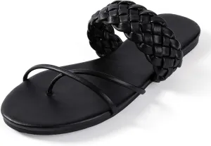 Mtzyoa Women Flat Sandals Straw Braided Orthopedic Support Non-Slip Cushion Casual Solid Dressy Comfortable Vacation Evening Wear