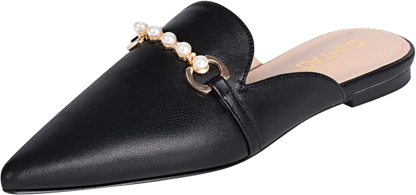 Mules for Women Flats Comfortable Loafers Pointed Toe Slip On Pearl Shoes for Women
