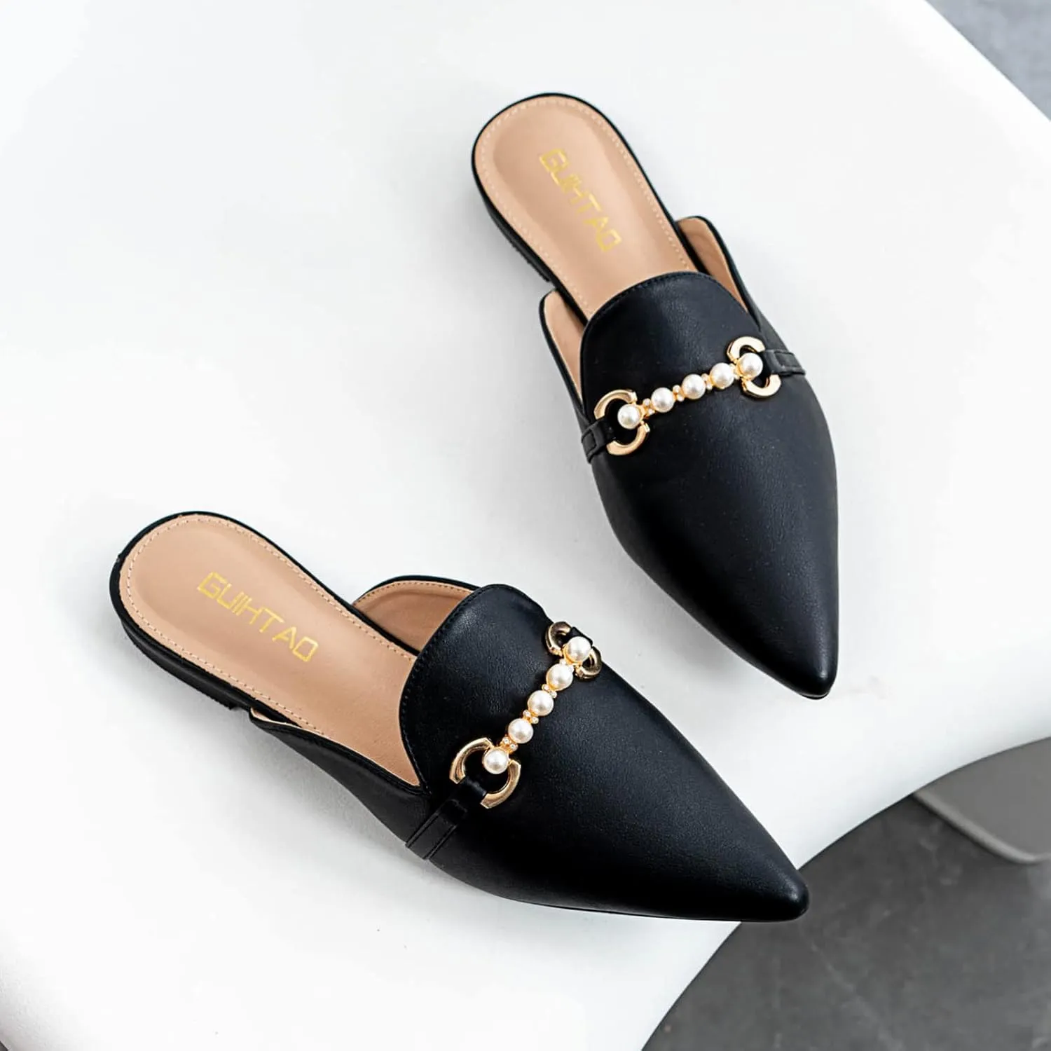 Mules for Women Flats Comfortable Loafers Pointed Toe Slip On Pearl Shoes for Women