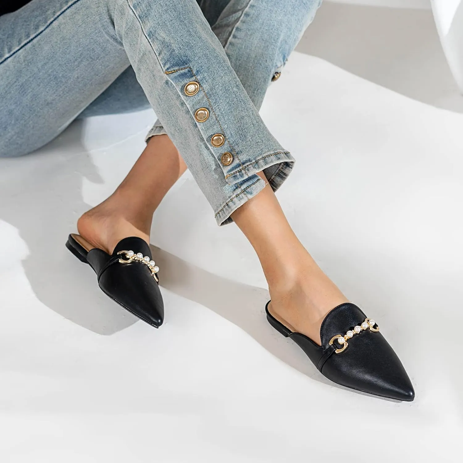 Mules for Women Flats Comfortable Loafers Pointed Toe Slip On Pearl Shoes for Women