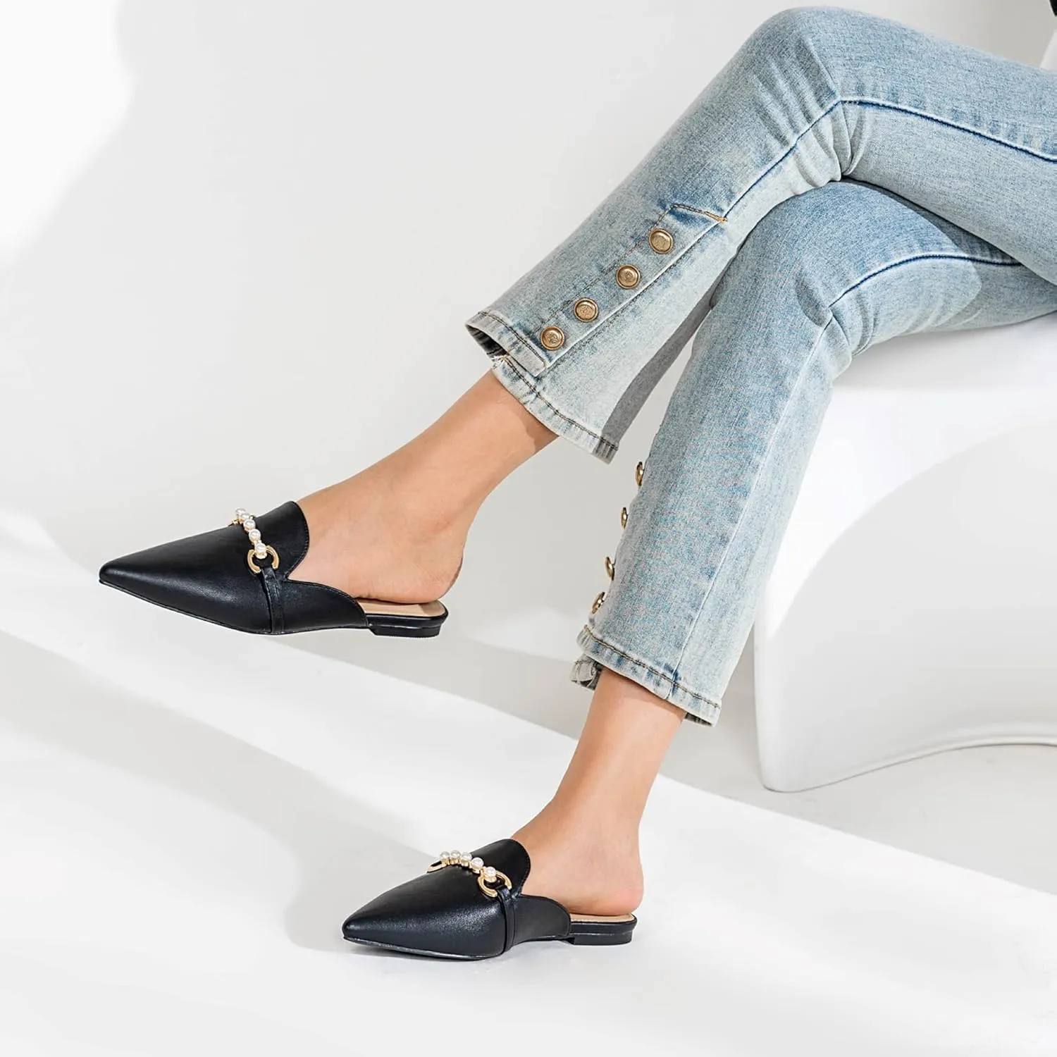 Mules for Women Flats Comfortable Loafers Pointed Toe Slip On Pearl Shoes for Women