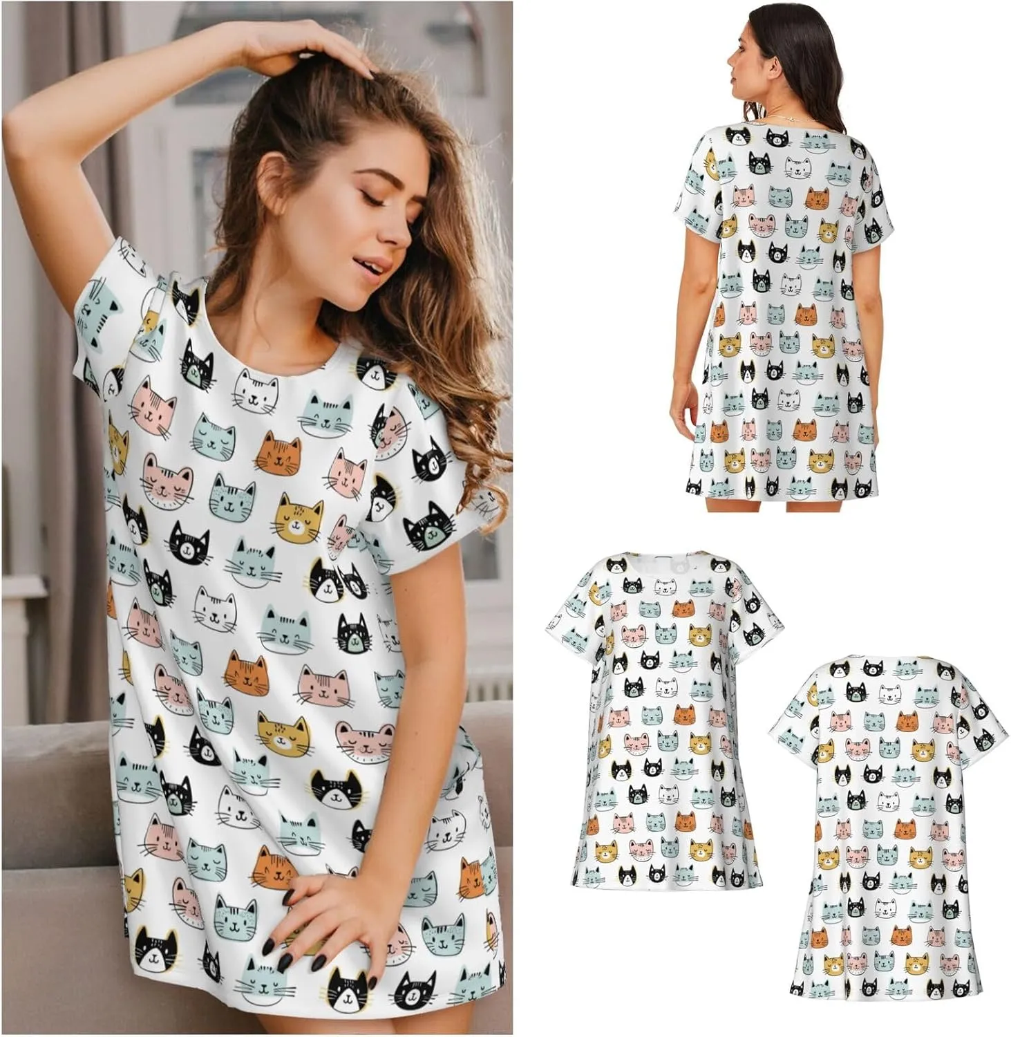 Nightgowns For Women Soft Cotton Sleepshirt Short Sleeve Lounge Dress Casual Ladies Sleepwear