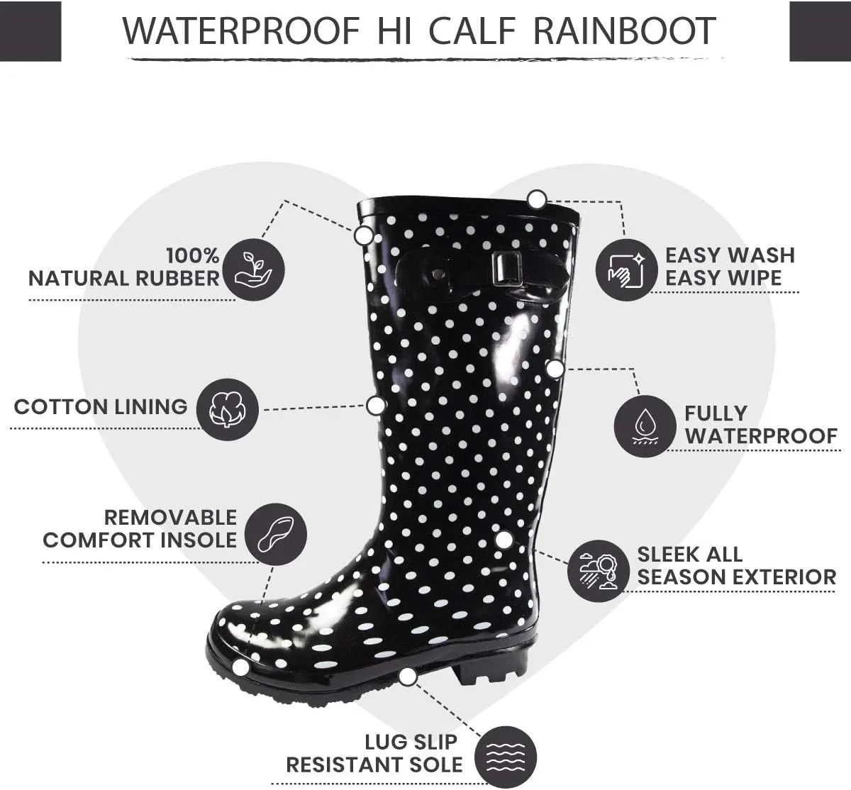 NORTY Women's Hurricane Rain Boots Knee High Calf Length - Glossy Matte Waterproof Rubber Tall Shoes