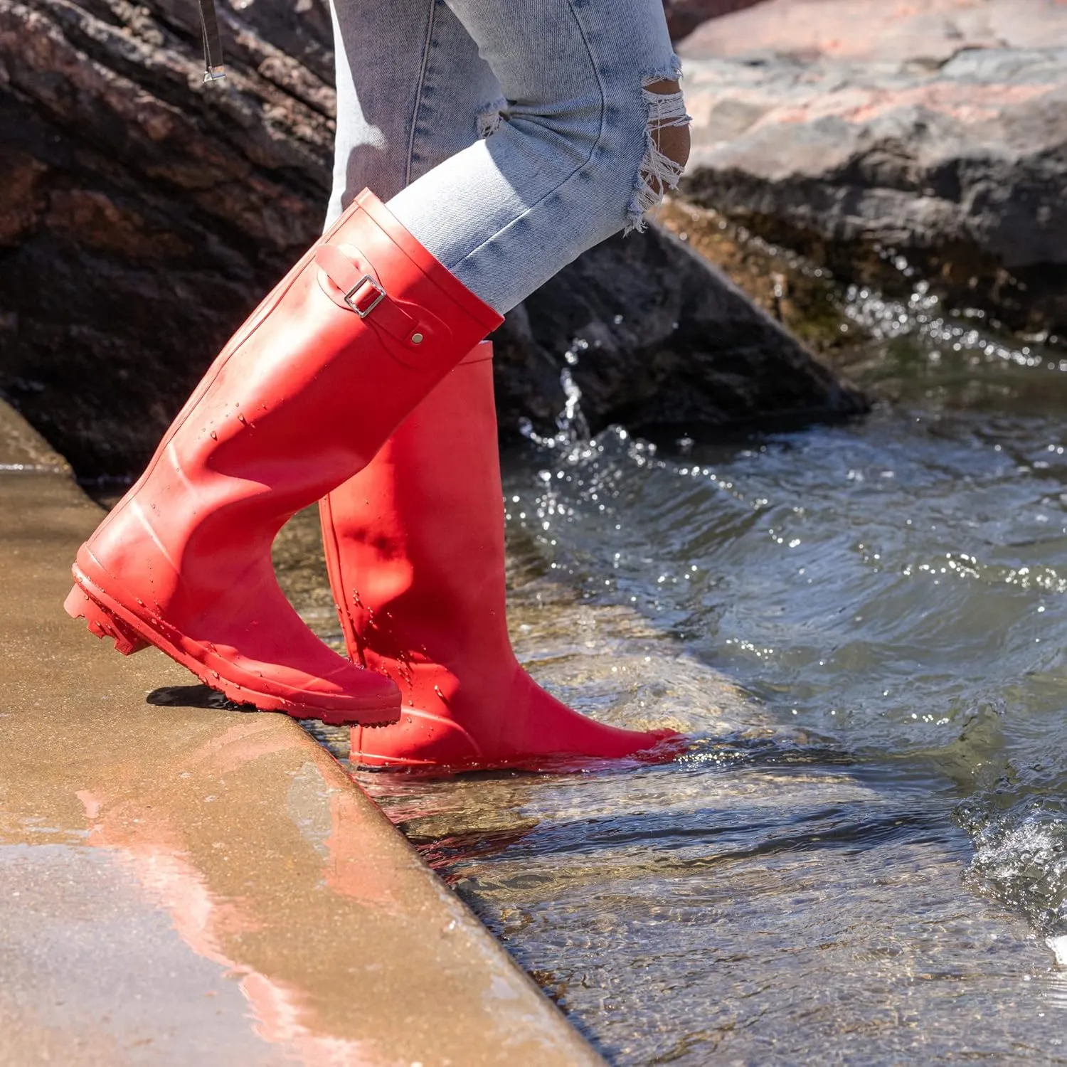 NORTY Women's Hurricane Rain Boots Knee High Calf Length - Glossy Matte Waterproof Rubber Tall Shoes