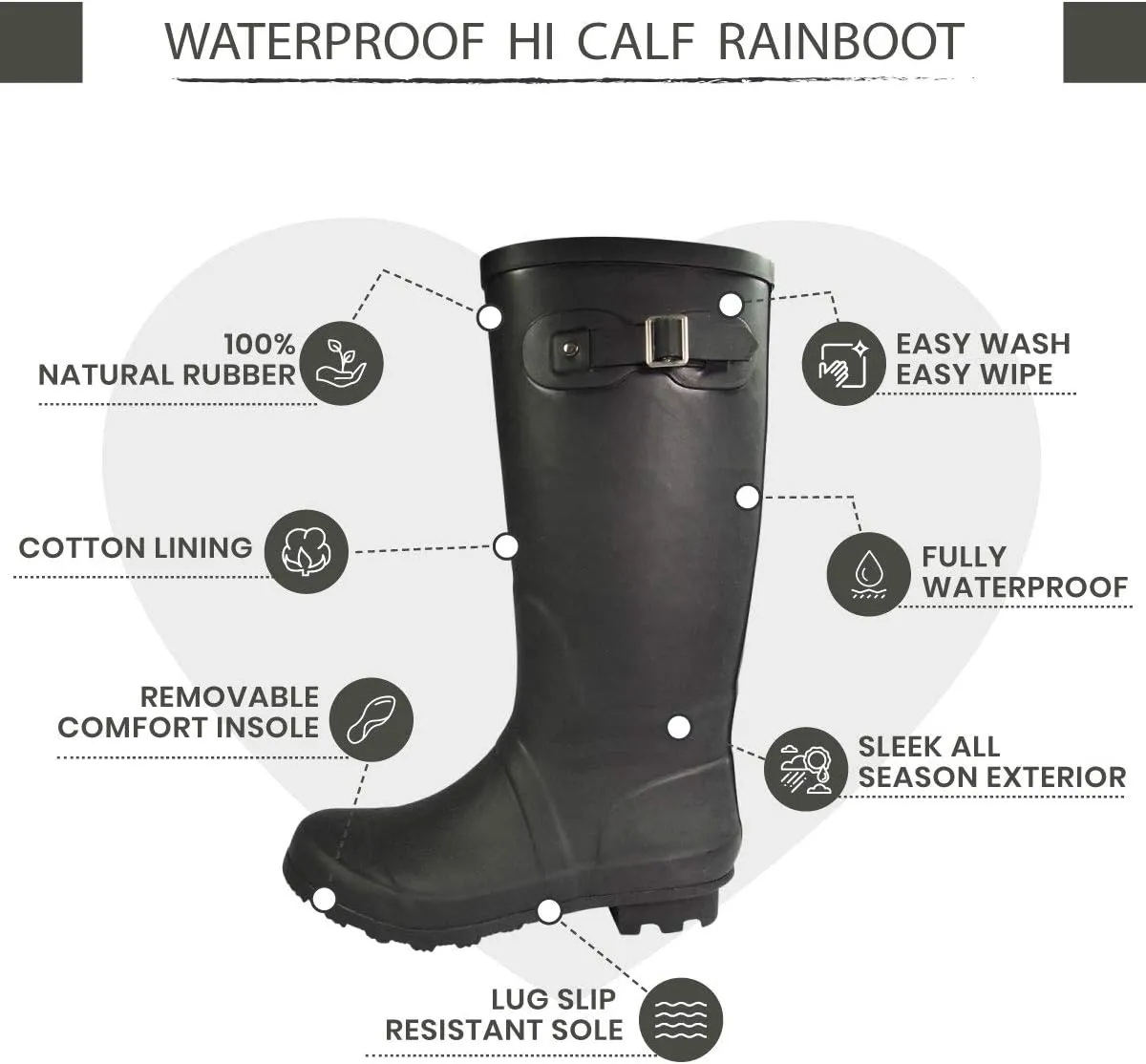 NORTY Women's Hurricane Rain Boots Knee High Calf Length - Glossy Matte Waterproof Rubber Tall Shoes