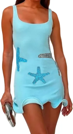NUFIWI Women Starfish Sequin Dress Knit Square Neck Mini Dresses Sleeveless Knitted Tank Beach Dress Vacation Sundress