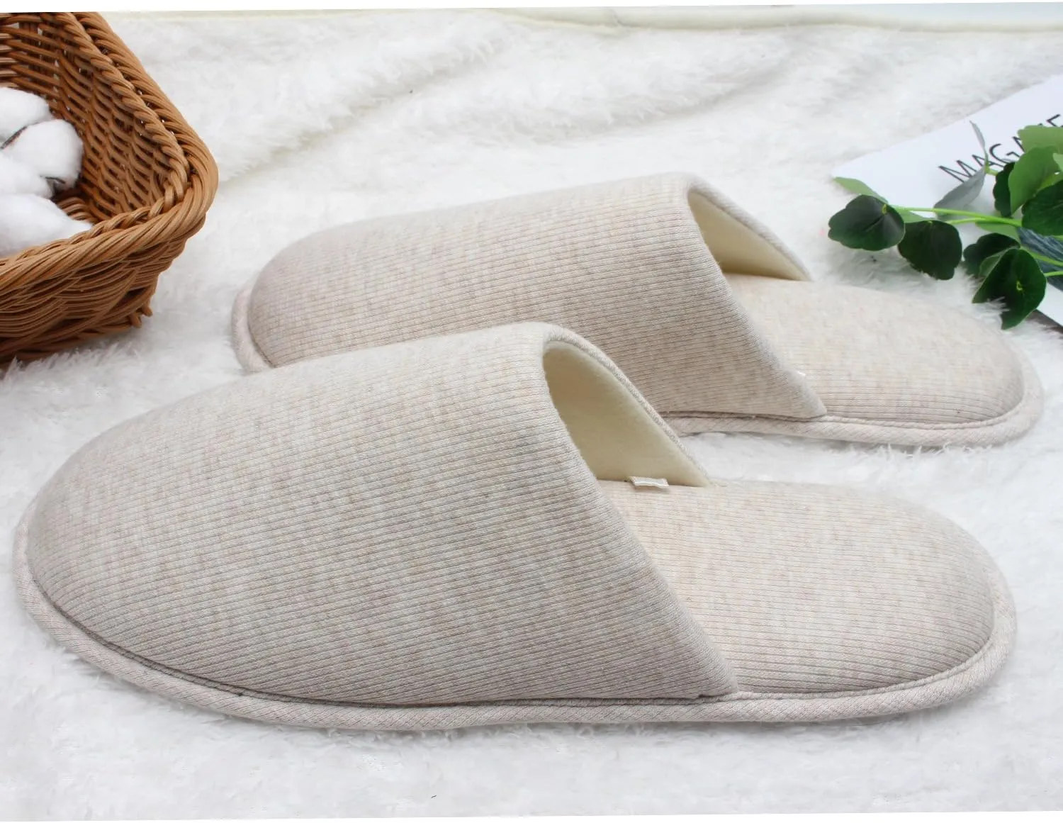 ofoot Mens Indoor Memory Foam Cotton Scuff Slippers Slip On Summer House Shoes Flats Breathable Lightweight Washable Non Skid Rubber Soles