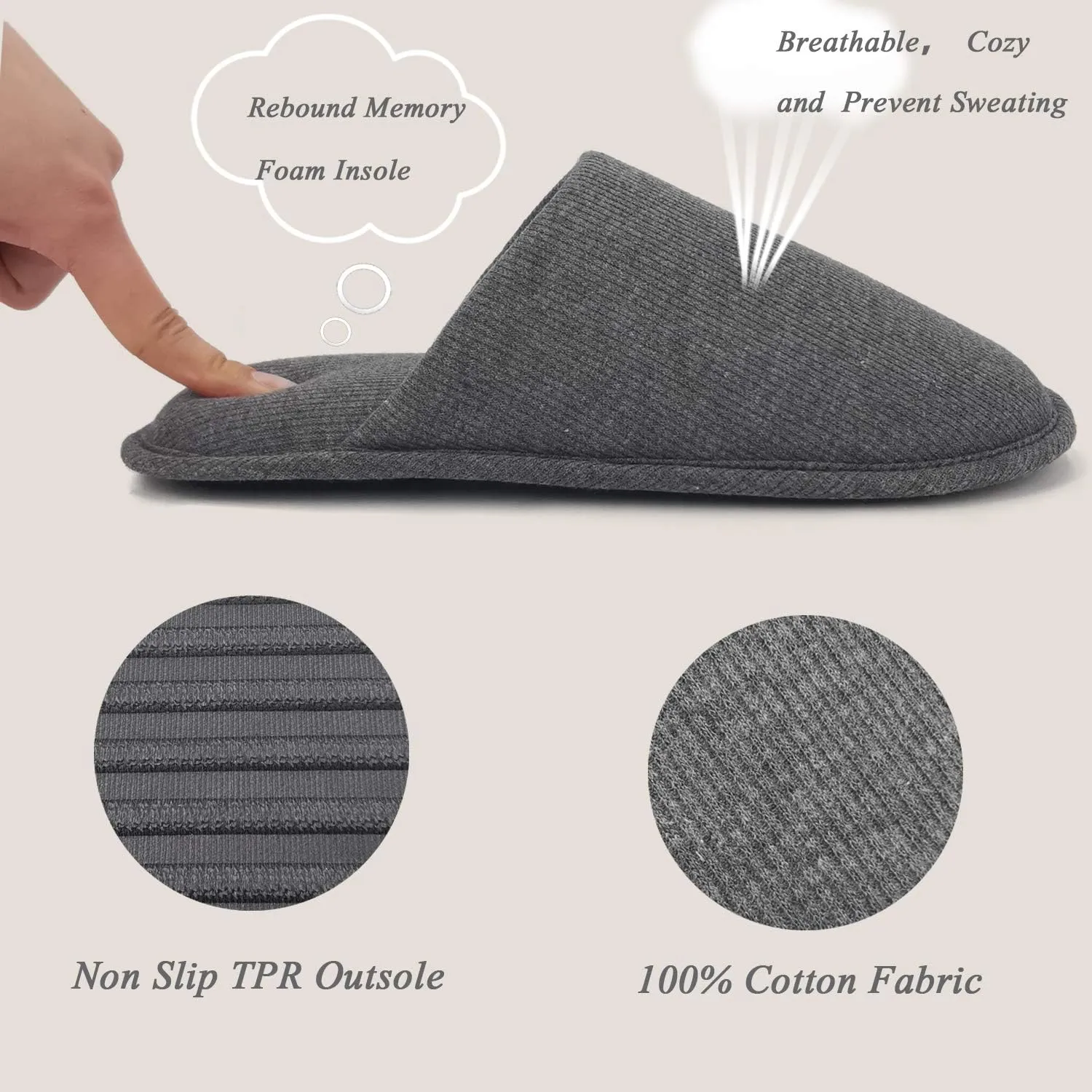 ofoot Mens Indoor Memory Foam Cotton Scuff Slippers Slip On Summer House Shoes Flats Breathable Lightweight Washable Non Skid Rubber Soles