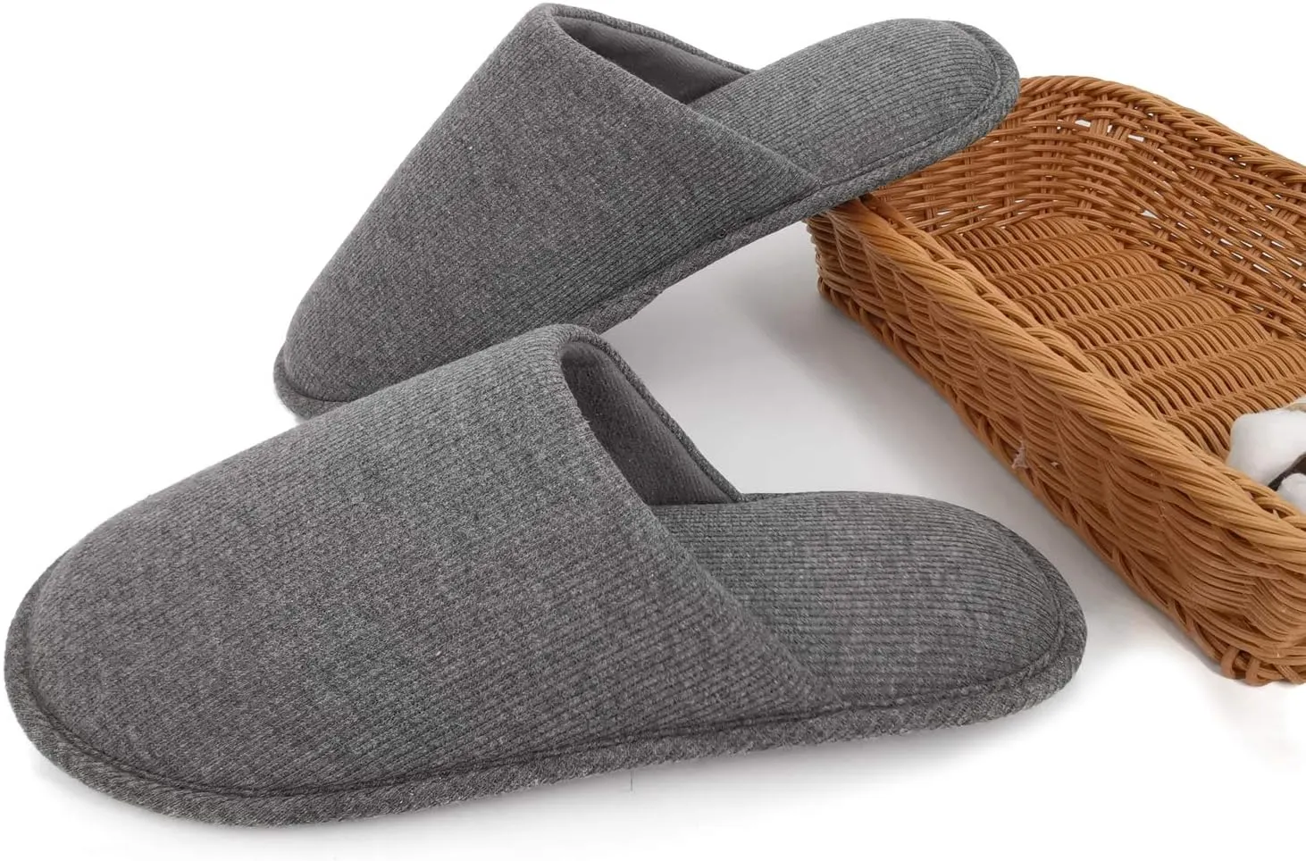 ofoot Mens Indoor Memory Foam Cotton Scuff Slippers Slip On Summer House Shoes Flats Breathable Lightweight Washable Non Skid Rubber Soles