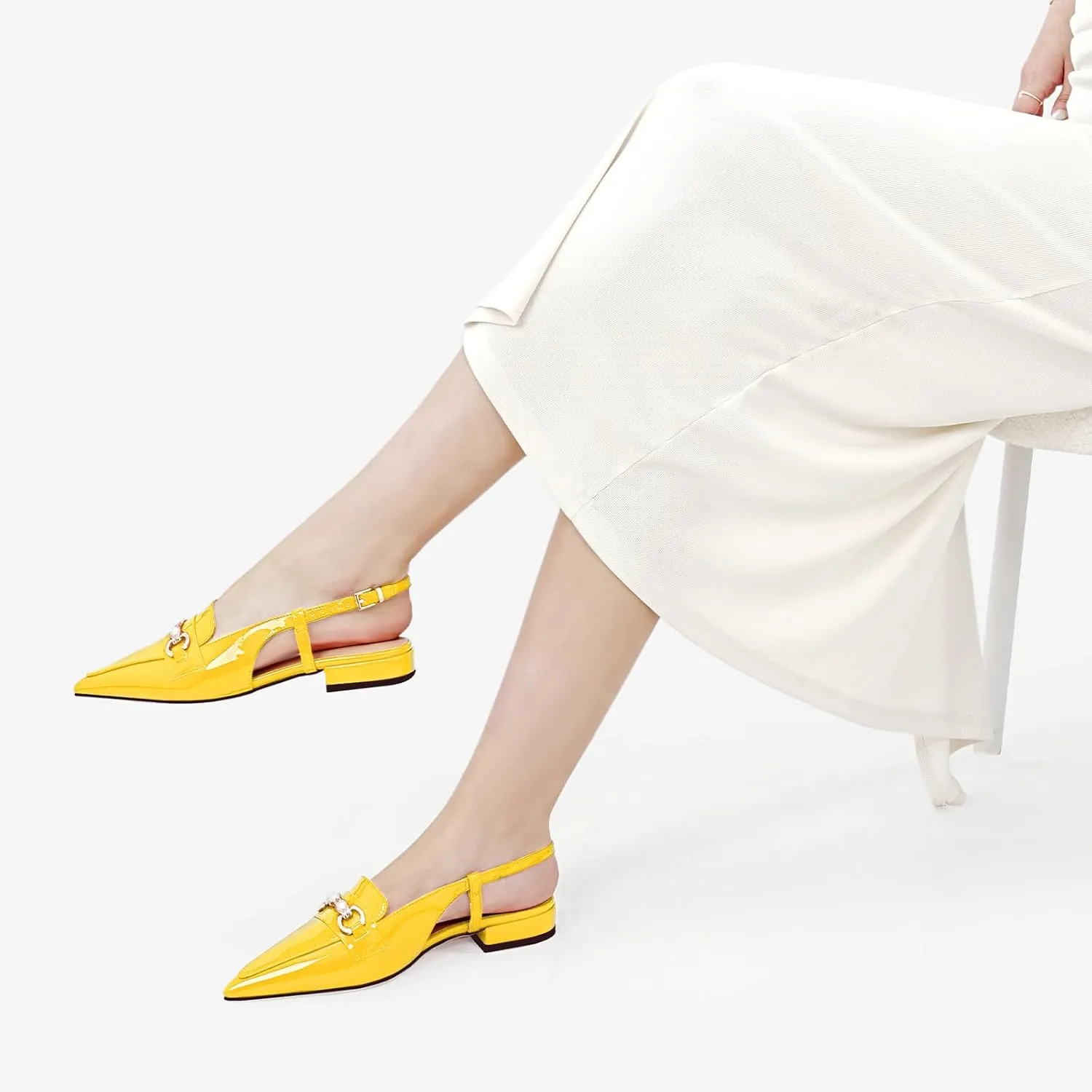 Oh Mispares Slingback Flats for Women Closed Pointed Toe Low Heel Flat Sandals with Pearl Slip On Gold Flats Shoes for Women Wedding Office Causal