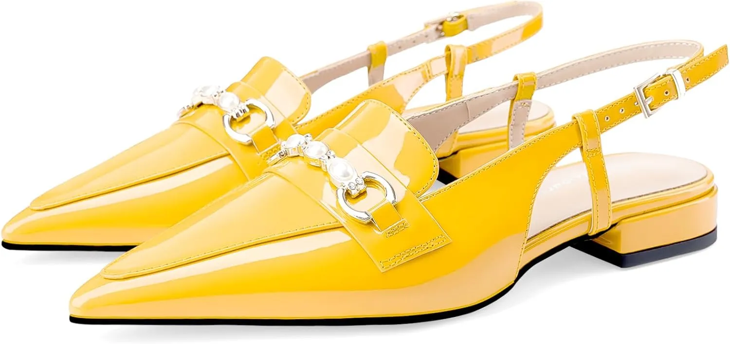 Oh Mispares Slingback Flats for Women Closed Pointed Toe Low Heel Flat Sandals with Pearl Slip On Gold Flats Shoes for Women Wedding Office Causal