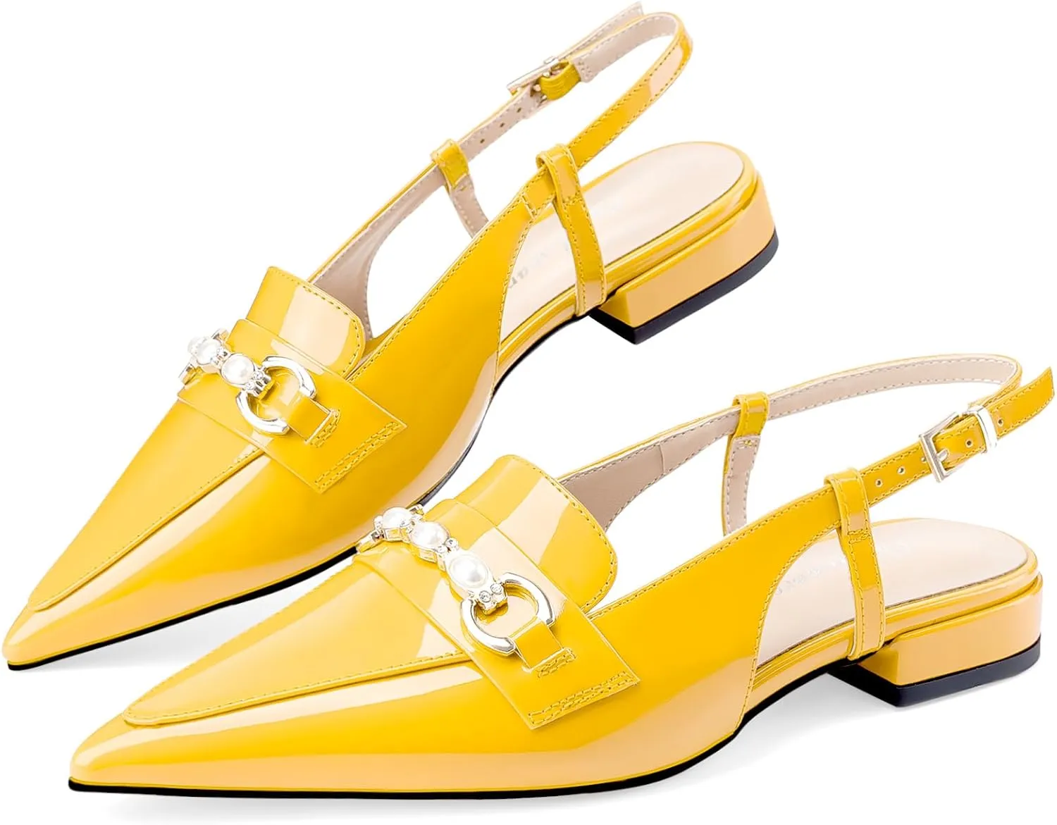 Oh Mispares Slingback Flats for Women Closed Pointed Toe Low Heel Flat Sandals with Pearl Slip On Gold Flats Shoes for Women Wedding Office Causal