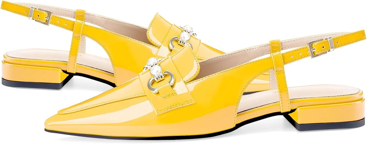Oh Mispares Slingback Flats for Women Closed Pointed Toe Low Heel Flat Sandals with Pearl Slip On Gold Flats Shoes for Women Wedding Office Causal