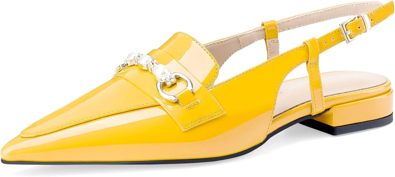 Oh Mispares Slingback Flats for Women Closed Pointed Toe Low Heel Flat Sandals with Pearl Slip On Gold Flats Shoes for Women Wedding Office Causal