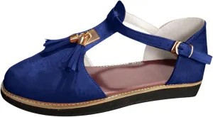 oiangi Fringed Sandals for Women Casual Summer Round Toe Closed Toe Buckle Tassel Flats Solid Comfortable Ladies Outdoor Non-Slip Shoes Sandalias