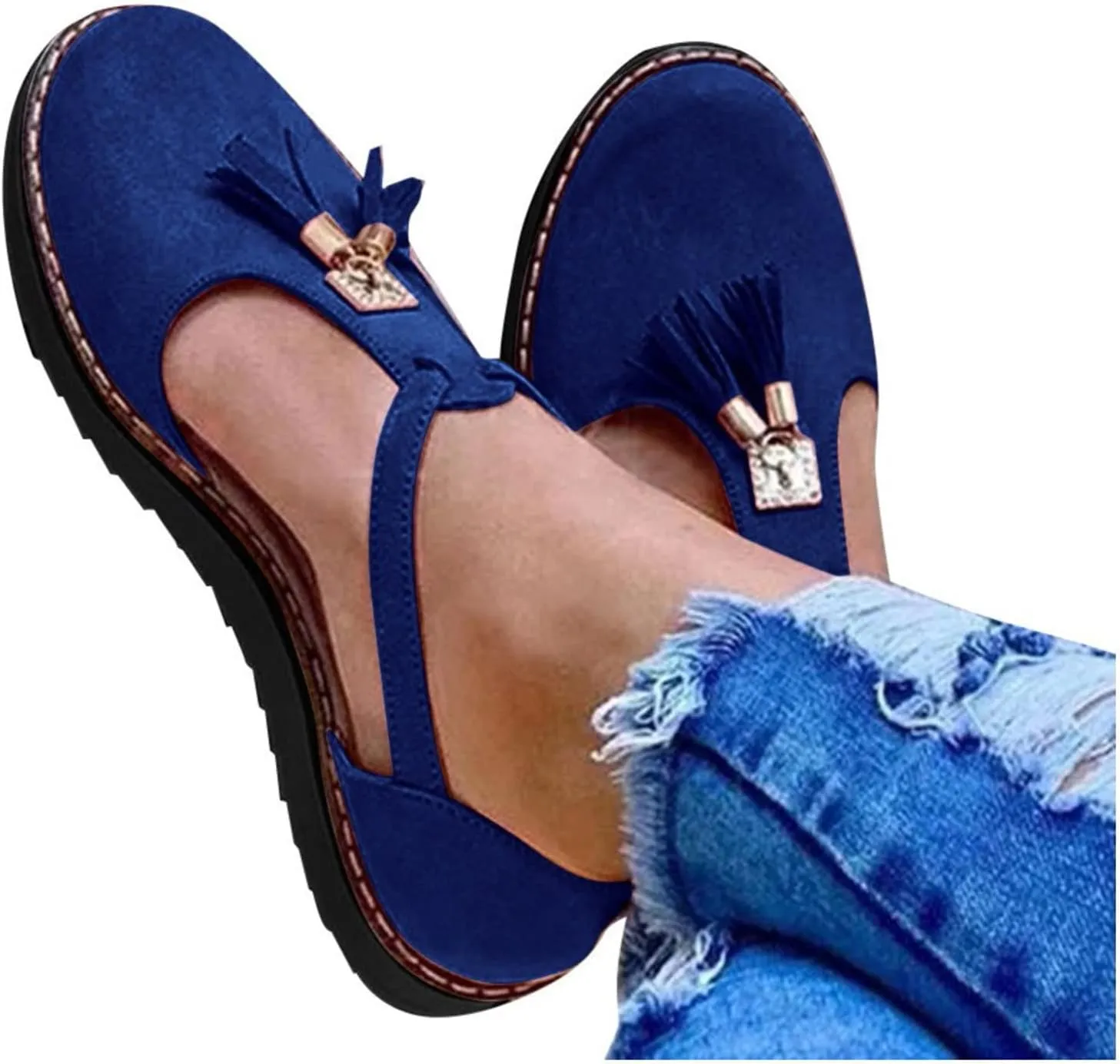 oiangi Fringed Sandals for Women Casual Summer Round Toe Closed Toe Buckle Tassel Flats Solid Comfortable Ladies Outdoor Non-Slip Shoes Sandalias