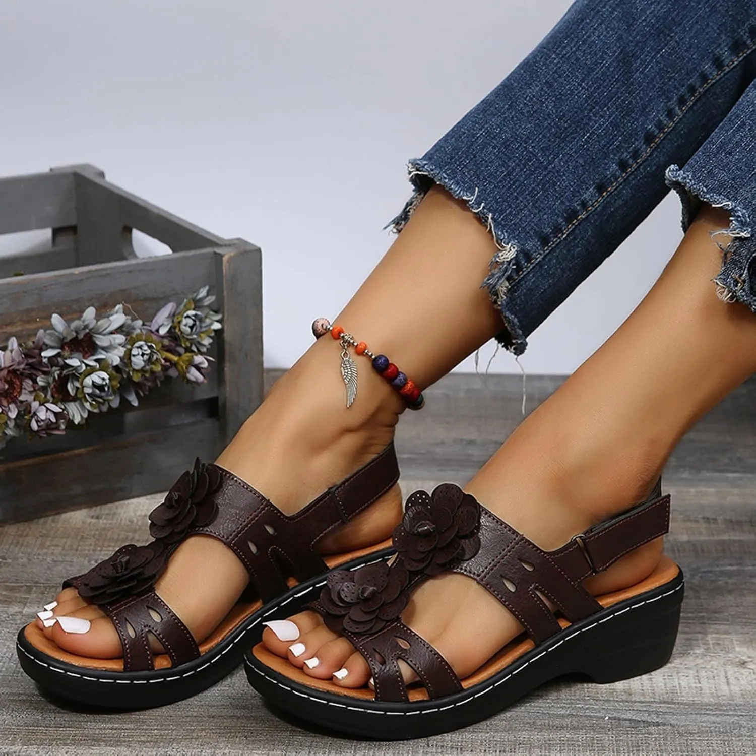 oiangi Summer Wedges for Women Casual Round Toe Fish Mouth Open Toe Flower Hollow Hook and Loop Platform Sandals Lightweight Comfy Outdoor Ladies Shoes