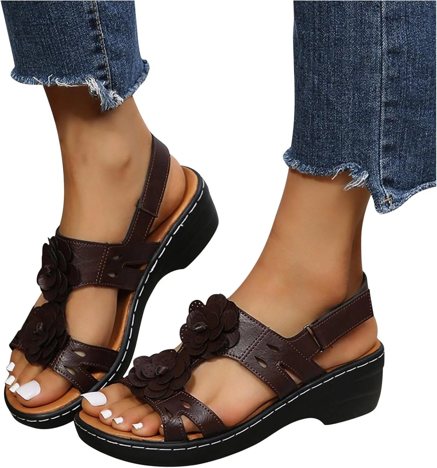 oiangi Summer Wedges for Women Casual Round Toe Fish Mouth Open Toe Flower Hollow Hook and Loop Platform Sandals Lightweight Comfy Outdoor Ladies Shoes