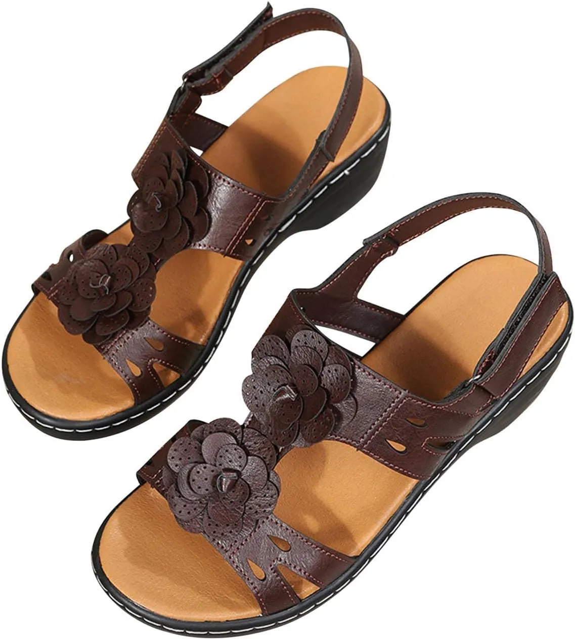 oiangi Summer Wedges for Women Casual Round Toe Fish Mouth Open Toe Flower Hollow Hook and Loop Platform Sandals Lightweight Comfy Outdoor Ladies Shoes